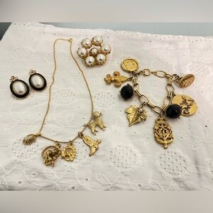 Vintage Gold Charm Necklace and bracelet with earrings and brooch